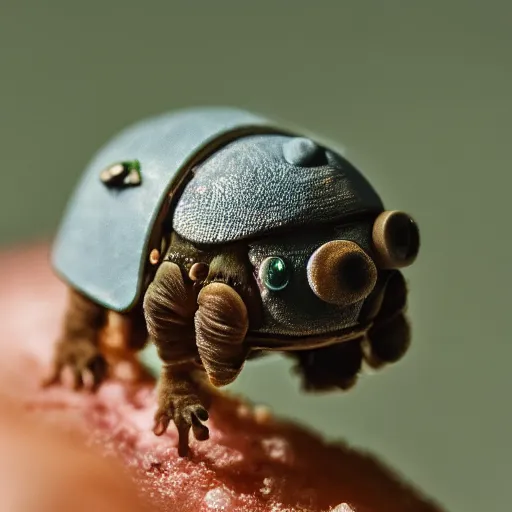 Image similar to a mini cowboy riding a tardigrade, macro lens photography