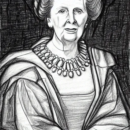 Prompt: a detailed drawing of margaret thatcher in the style of leonardo davinci, sketch, pencil drawing, anatomically correct