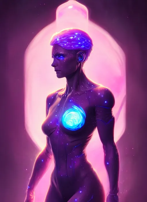 Prompt: a humanoid phantom adventurer made of liquefied stardust, dnd fantasy character, full body portrait, glowing neon skin, magical aura, ultra realistic, intricate, elegant, highly detailed, digital painting, artstation, smooth, sharp, focus, illustration, art by artgerm and greg rutkowski and alphonse mucha