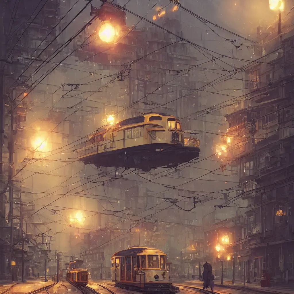 Image similar to a streetcar is running on the maple leaf sea, unreal engine, fantasy art by greg, loish, rhads, ferdinand knab, makoto shinkai and lois van baarle, ilya kuvshinov, rossdraws, tom bagshaw, night lighting, trending onstudio ghibli, highly detailed, octane render, 8 k