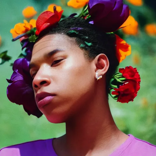 Image similar to extra close-up, color film photography, portrait of a beautiful woman with flowers on her head, in style of Tyler Mitchell, 35mm, film photo