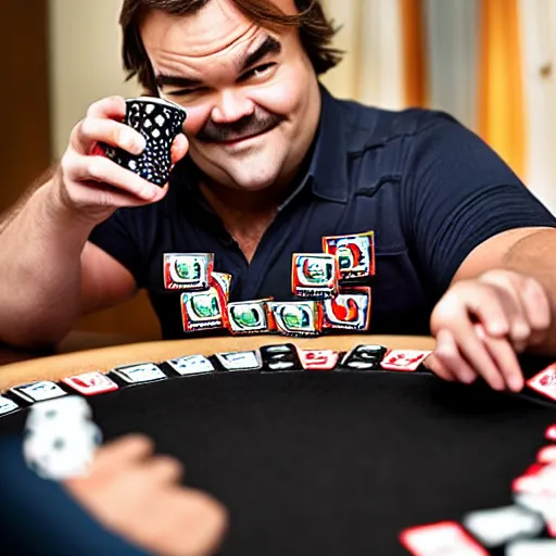 Image similar to Jack Black playing blackjack while drinking blackcurrant and wearing black polo shirt, realistic, ultra high detail, 8k.
