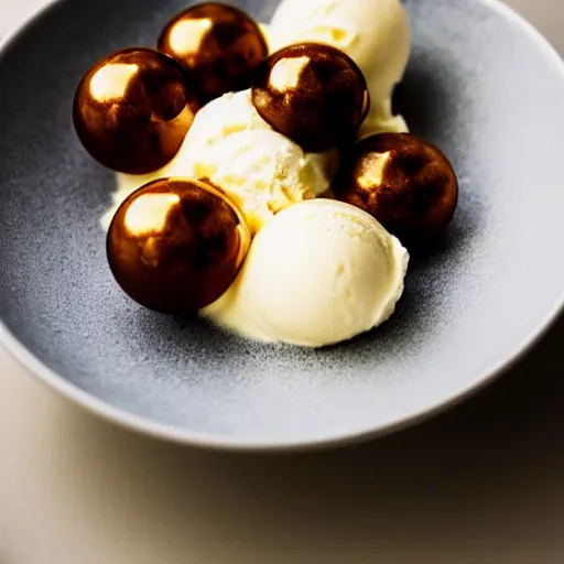 Image similar to closeup of a bowl with three balls of plain vanilla ice cream. Simplistic. Food photography.