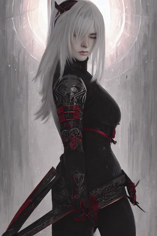 Image similar to portrait Ninja gaiden white hair girl, armored ninja wardrobe, in ruin japanese rainny temple night, ssci-fi and fantasy, intricate and very very beautiful and elegant, highly detailed, digital painting, artstation, concept art, smooth and sharp focus, illustration, art by tian zi and WLOP and alphonse mucha