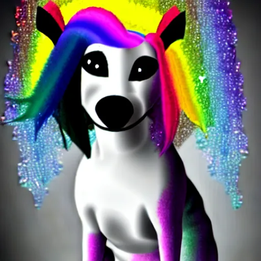 Prompt: an emo dog with rainbow hair, sparkles, deviantart, low quality