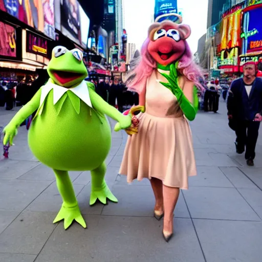 Prompt: kermit the frog and miss piggy walking down the street in times square