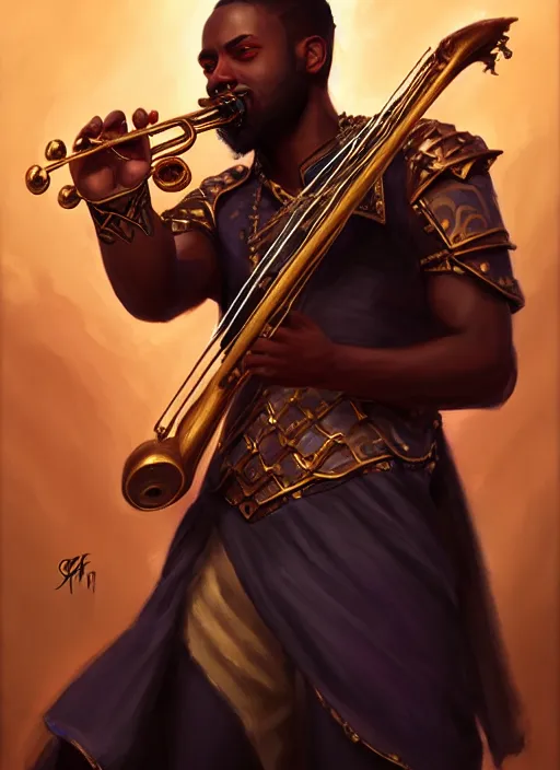 Image similar to a _ fantasy _ style _ portrait _ painting _ of black male charismatic bard playing instrument, rpg dnd oil _ painting _ unreal _ 5 _ daz. _ rpg _ portrait _ extremely _ detailed _ artgerm _ greg _ rutkowski _ greg