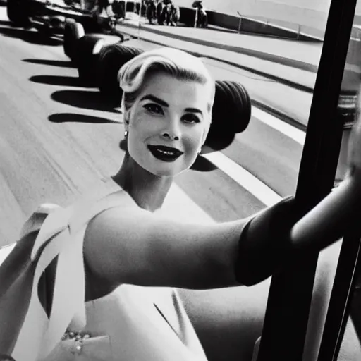 Image similar to selfie smartphone photo of a young Grace Kelly at the Monaco Gran Prix, F1 cars blurred in background, iphone photo, smartphone resolution, trending on instagram, influencer photography