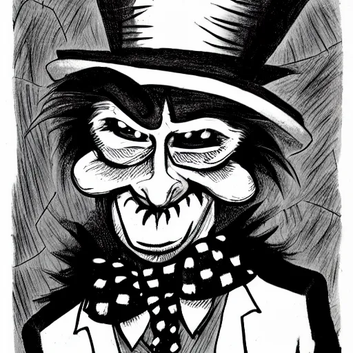 Image similar to a Pop Wonder scary horror themed goofy-hilarious-character Mad-Hatter-wearing a scarf, 3-piece-suit, dime-store-comic drawn with charcoal and pen and ink, half-tone-line-stacking