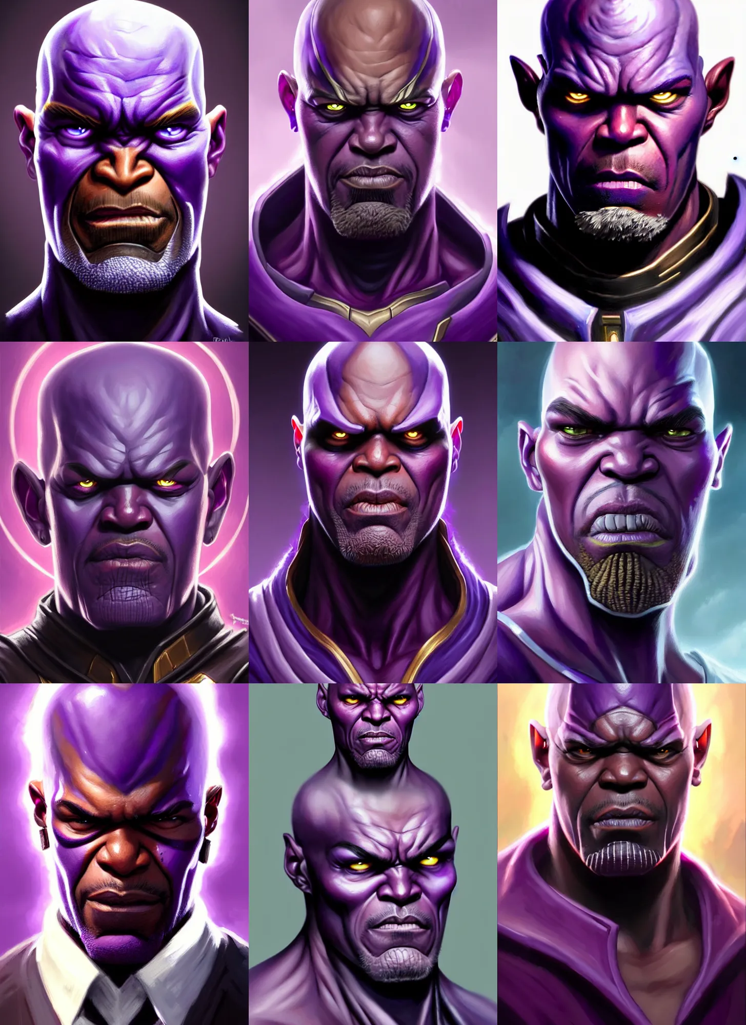 Prompt: a fantasy style portrait painting a character if nick fury ( with eye patch ) and thanos had a son purple skin, powerful chin, thanos style traits, painting, unreal 5, daz., rpg, portrait, extremely detailed, artgerm greg rutkowski _ greg