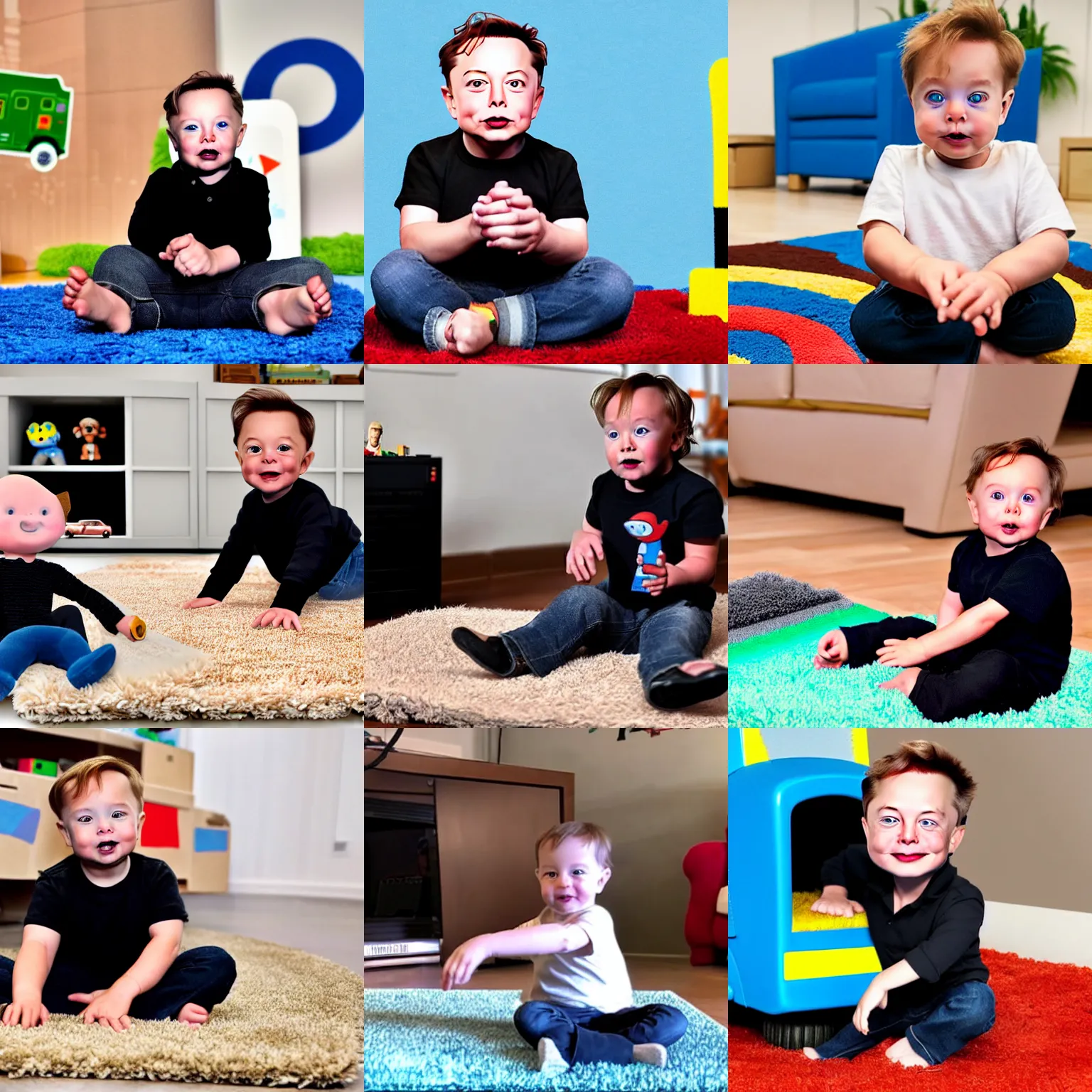 Prompt: toddler elon musk sitting on a shaggy rug playing with his little cybertrucks