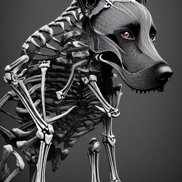 Prompt: portrait of belgian malinois as skeleton. intricate abstract. intricate artwork. by Tooth Wu, wlop, beeple, dan mumford. octane render, trending on artstation, greg rutkowski, very coherent symmetrical artwork. cinematic, hyper realism, high detail, octane render, 8k, iridescent accents, deep blacks