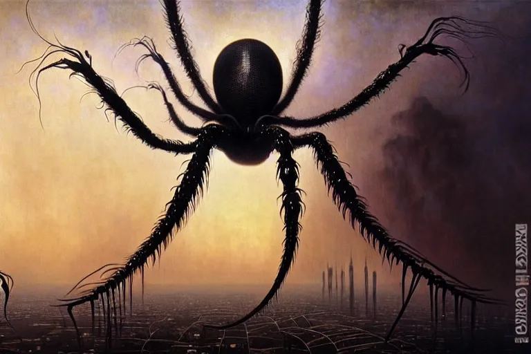 Image similar to realistic detailed photorealistic portrait movie shot of a beautiful black woman with a giant spider, dystopian city landscape background by jean delville, denis villeneuve, amano, yves tanguy, alphonse mucha, ernst haeckel, david lynch, edward robert hughes, roger dean, cyber necklace, rich moody colours, cyber patterns, wide angle
