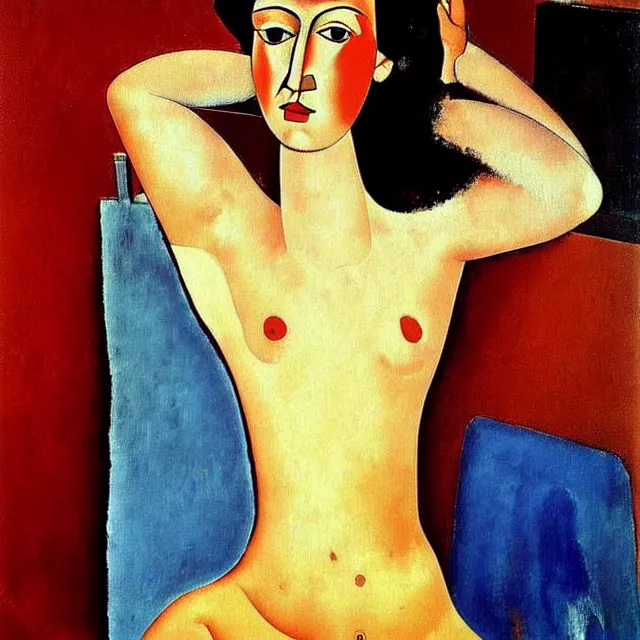 Image similar to a beautiful painting dali in the bathroom, by andy warhol amedeo modigliani realistic oil painting