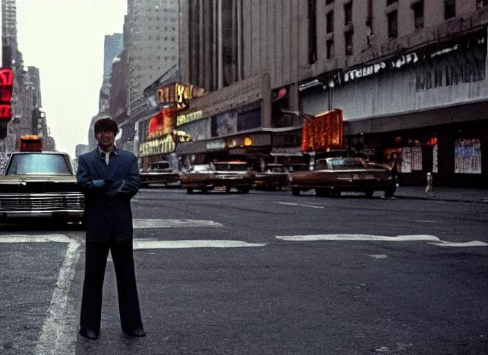 Image similar to screenshot wide shot from moody scene of Donald Trump pensive in New York streets from the film Taxi Driver 1976 directed by Martin Scorcese, kodak film stock, anamorphic lens, 4K, detailed, stunning cinematography and composition, 70mm