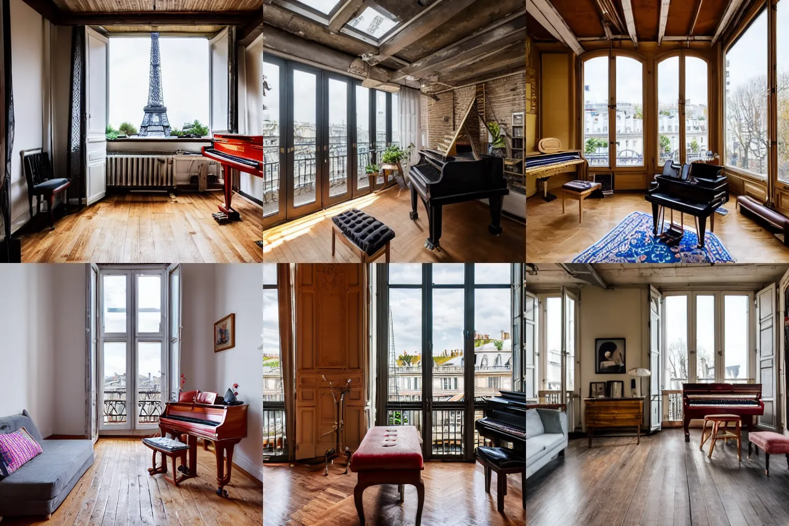 Prompt: parisian studio attic with a piano and a balcony and eiffel view, decorated with vintage furniture, has a window on roof, cosy vibes, real photo, wide angle lens