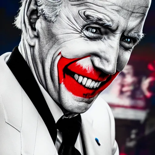 Image similar to Joe Biden as The Joker in Batman, BluRay, film grain, EOS-1D, f/1.4, ISO 200, 1/160s, 8K, RAW, symmetrical balance, in-frame, Dolby Vision