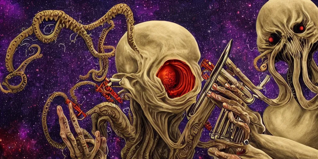 Image similar to cosmic horror, hd, music, human, trumpet, musician, biological indicators, cthulhu ( fictional divinity created by h. p. lovecraft ), elegant, drugs, history book, written in red