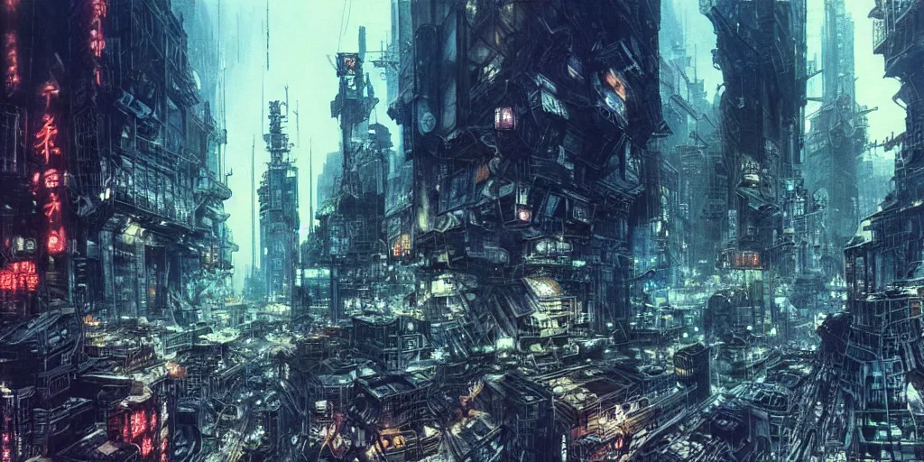 Image similar to concept art of city of midgar from final fantasy 7, rapture, dark atmosphere, hanafuda oil on canvas by ivan shishkin, james jean and yoji shinkawa