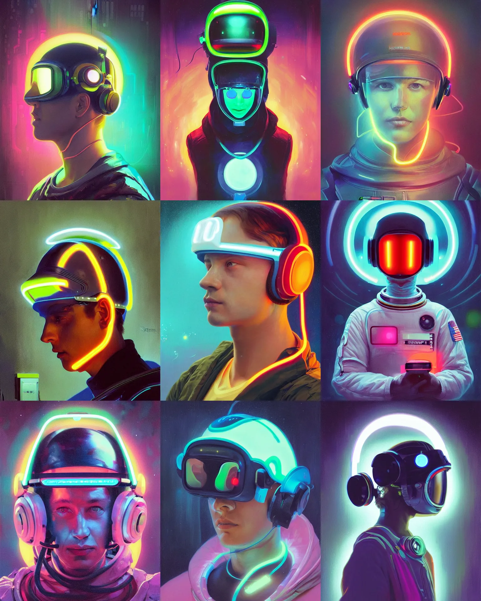 Prompt: future coder looking on, glowing visor over eyes and sleek neon headphones, neon accents, desaturated headshot portrait painting by dean cornwall, ilya repin, rhads, tom whalen, alex grey, alphonse mucha, donoto giancola, astronaut cyberpunk electric fashion photography