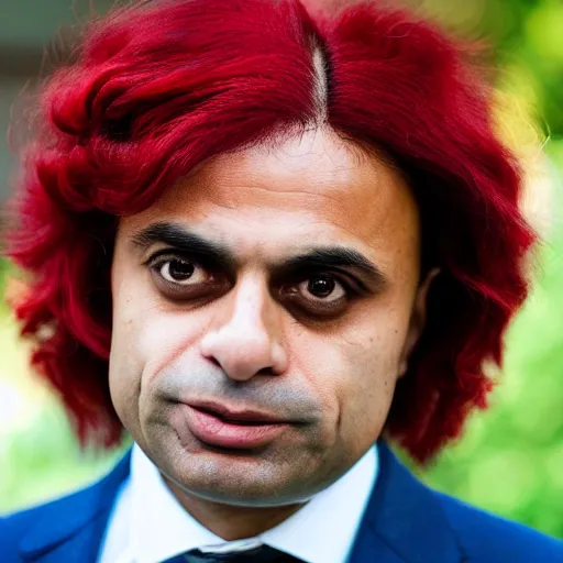 Image similar to A high-quality photo of Sajid Javid wearing a long red wig, m.zuiko 75mm, f 1.8, 1/400, RAW, unedited, 8K, high quality,