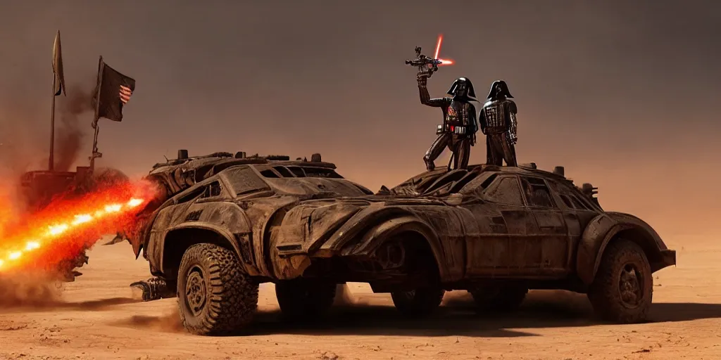 Image similar to Darth Vader standing on a driving armored post apocalyptic battle car in the desert and firing a flamethrower, Mad Max Fury Road, film, sandstorm, fire, realistic, center frame, symmetrical, spikes, flags, dust