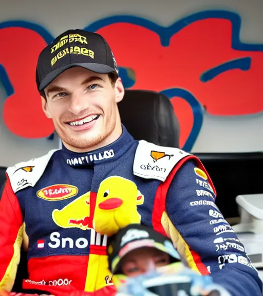 Prompt: fabric stuffed toy of smiling max verstappen