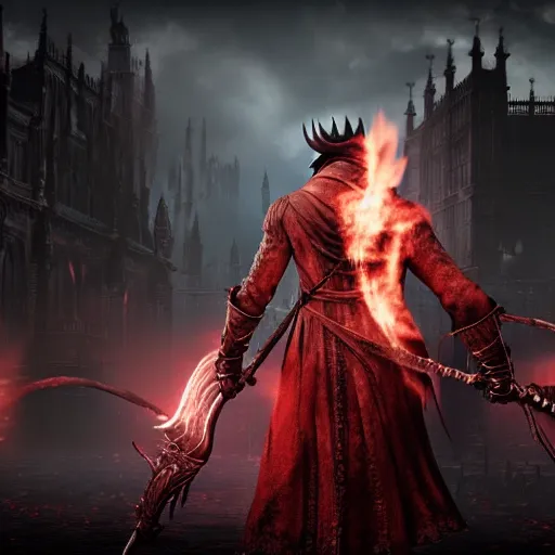 Image similar to bloodborne fps, flames, soft focus, dark, 4 k