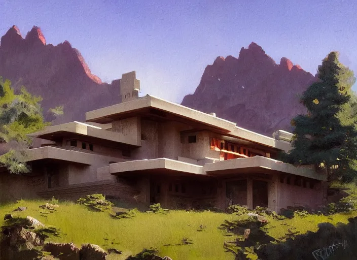 Image similar to painting of a frank lloyd wright house in front of beautiful mountains by greg rutkowski