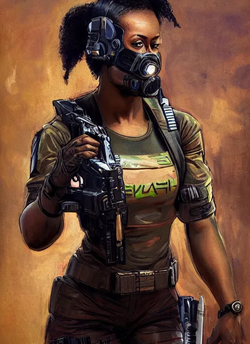 Prompt: Sgt. Selina Igwe. Strong cyberpunk female USN Assault commando with cyberpunk eyepiece and wearing a military combat vest and stealth suit (cyberpunk 2077, bladerunner 2049). gorgeous face. Iranian orientalist portrait by john william waterhouse and Edwin Longsden Long and Theodore Ralli and Nasreddine Dinet, oil on canvas. Cinematic, hyper realism, realistic proportions, dramatic lighting, high detail 4k