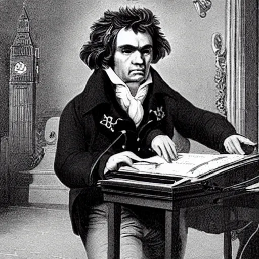 Image similar to beethoven is the disk jockey in a london night club in the 1 9 9 0 s