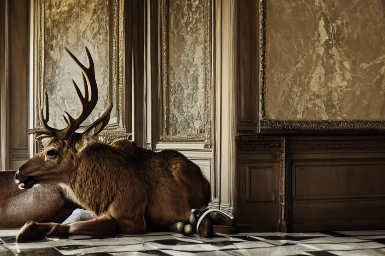 Image similar to cinematography closeup portrait of a beautiful elk in an decadent mansion foyer by Emmanuel Lubezki