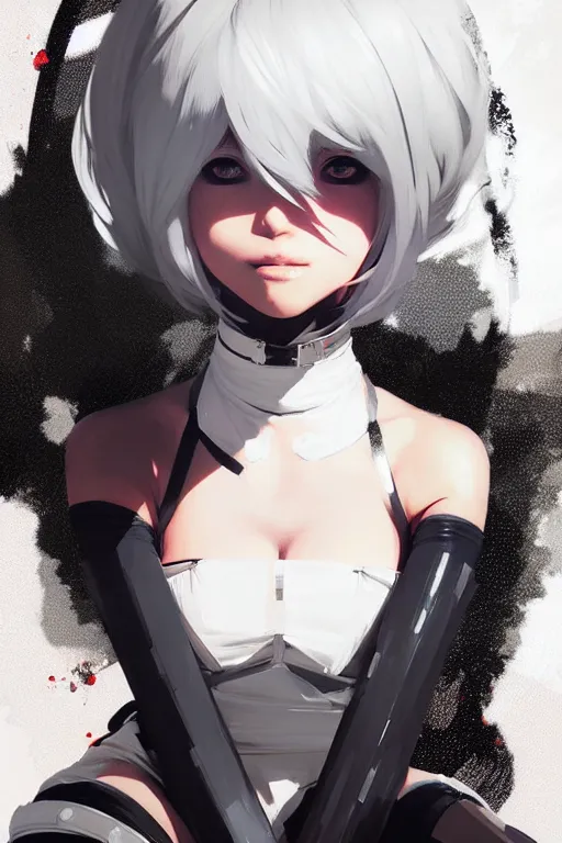 Image similar to a ultradetailed beautiful portrait panting of 2 b from nier automata, by conrad roset, greg rutkowski and makoto shinkai trending on artstation