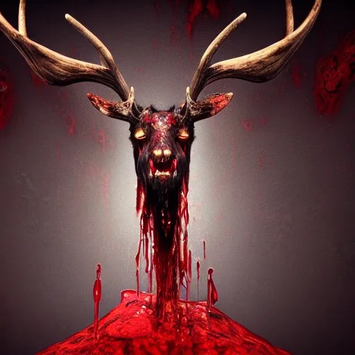Image similar to Photorealistic wendigo elk dripping blood. Hyperdetailed photorealism, 108 megapixels, amazing depth, glowing rich colors, powerful imagery, Eldritch Horror Overtones, 3D finalrender, 3d shading, cinematic lighting, artstation concept art