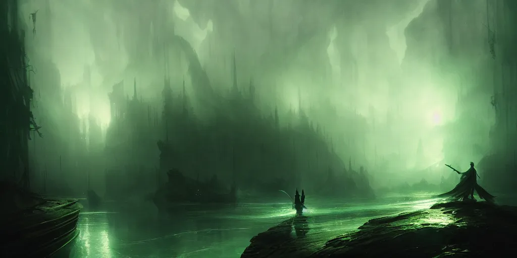 Image similar to magical subterranean river styx, a man in a cape on a boat with a sword, ethereal swirling green mist, dramatic lighting, magical atmosphere,, gothic illustration, greg rutkowski, andreas rocha, ashley wood, soft edges, low detail, trending on artstation