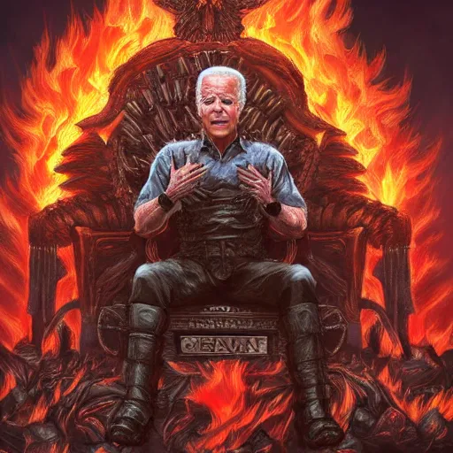 Image similar to Joe Biden sitting on a throne of skulls surrounded by fire, digital painting, highly detailed, trending on Artstation