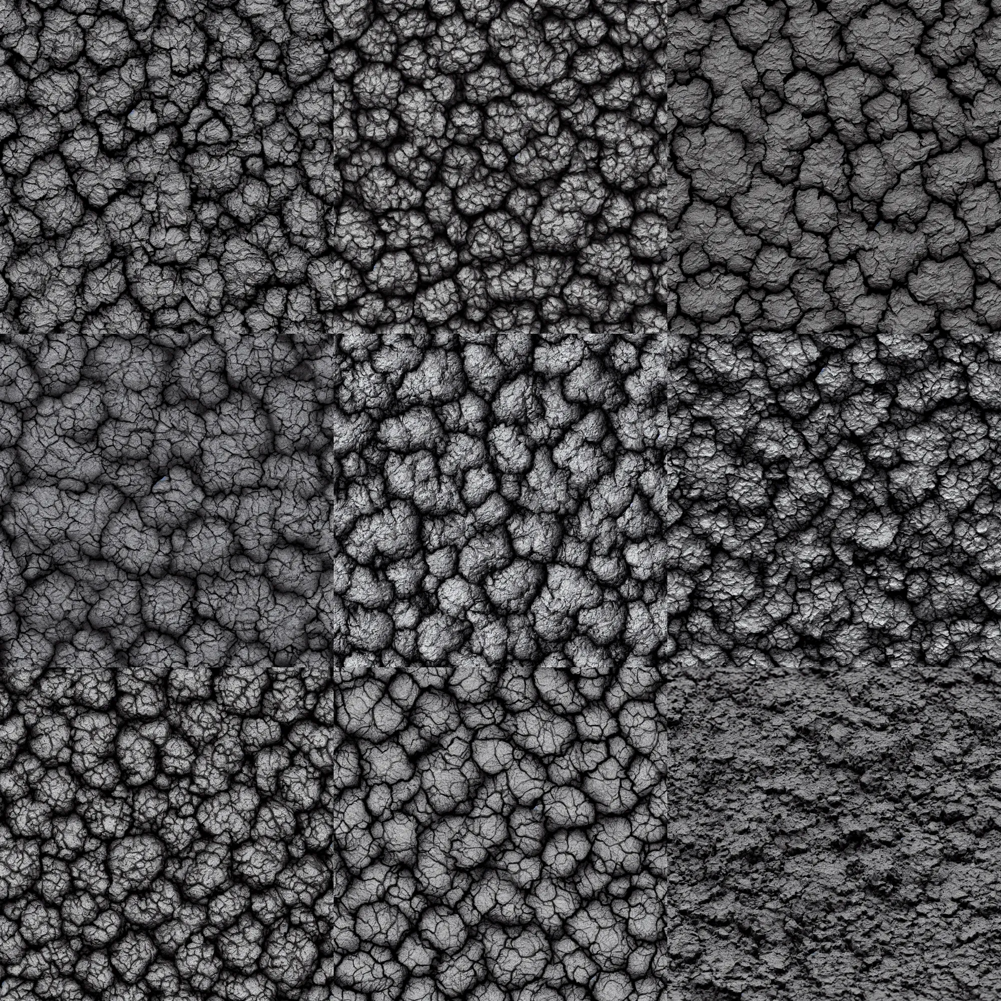 Prompt: high resolution coal texture, black, photorealistic, pbr, 8 k, 3 0 0 dpi, seamless, realistic shadows, c 4 d, ue 5, blender,