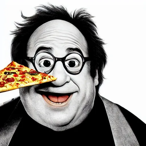 Prompt: digital art of portrait of danny devito as a muppet eating pizza, excited facial expression, head - and - shoulders shot, white background, cute pixar character, houdini 3 d render