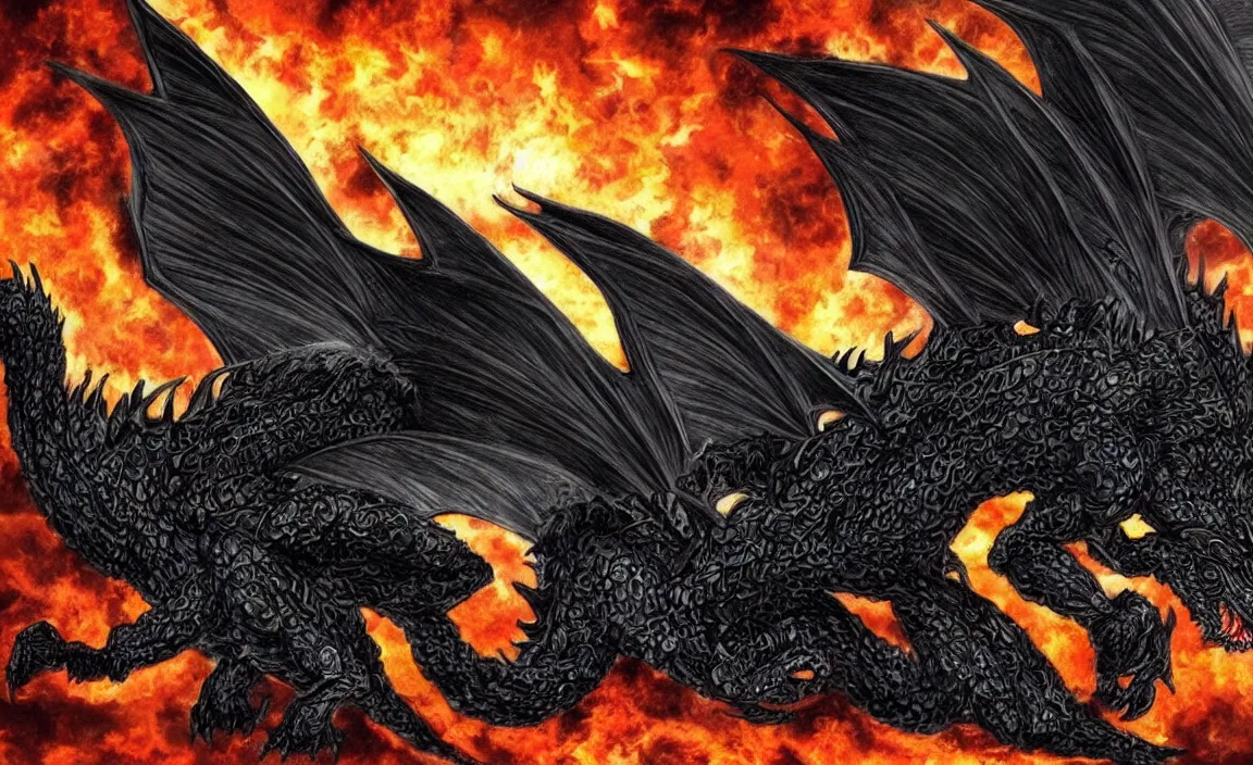 Prompt: a black dragon with wings roar in thunder and cloud, flames are beneth it. its scales are like armor