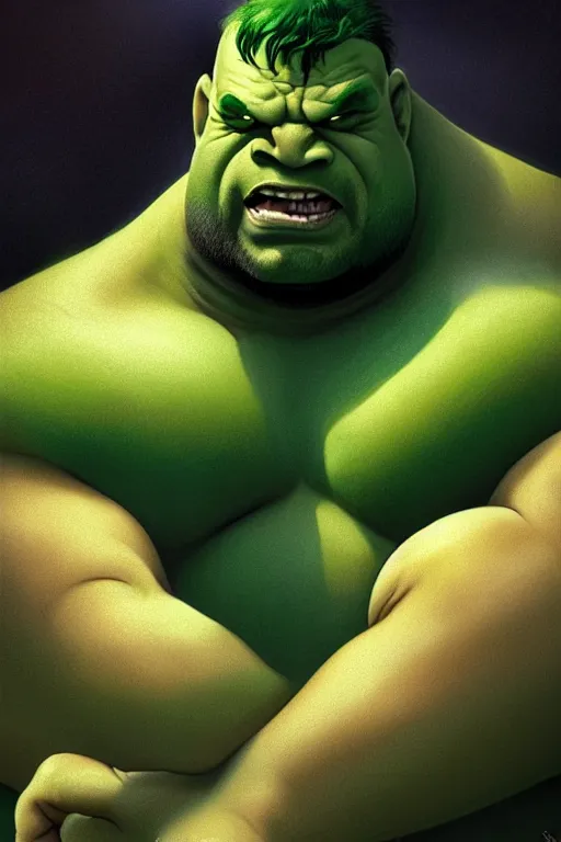 Image similar to Amit Shah as Hulk, Hulk costume, Amit Shah hairstyle, Hulk body type, Amit Shah Face, calm, grumpy, portrait, masculine figure, highly detailed, digital painting, artstation, concept art, smooth, sharp focus, illustration, cinematic lighting, art by artgerm and greg rutkowski and alphonse mucha