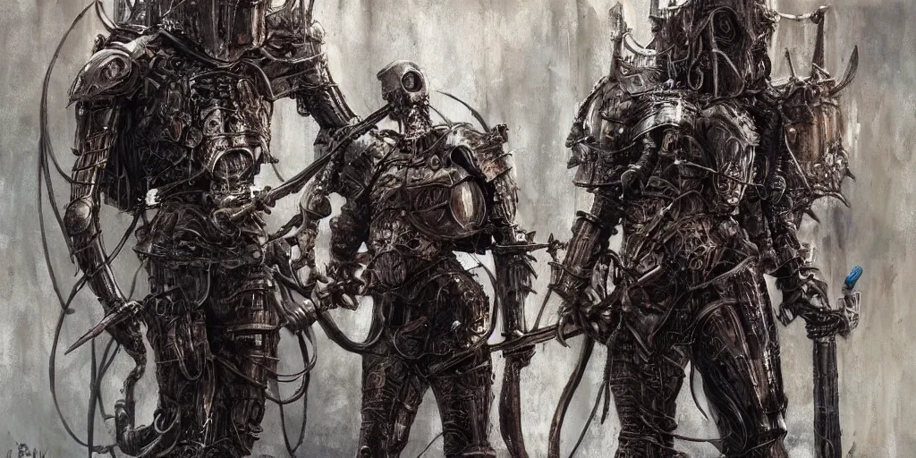 Image similar to biopunk medieval german knight, horror, creepy, artstation, highly detailed painting, art by hr giger