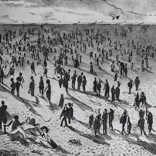 Image similar to This print depicts a scene from the Spanish Civil War, which was a time of great turmoil and strife in Spain. The print shows a group of people on a beach, with the ocean in the background. The people in the print are all different sizes and shapes, and they are all looking in different directions. The print is full of color and movement, and it is very expressive. The print is also very powerful and emotional, and it has a very strong impact on the viewer. Shutterstock by Antoine Blanchard perspective