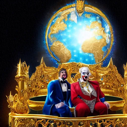 Image similar to shining giant throne made of millions of diamonds, gold and sapphires with thousands of light reflections, and a clown on a tuxedo suit is sitting on the throne while handing an earth globe, dramatic light, digital painting, ultradetailed, artstation, oil painting