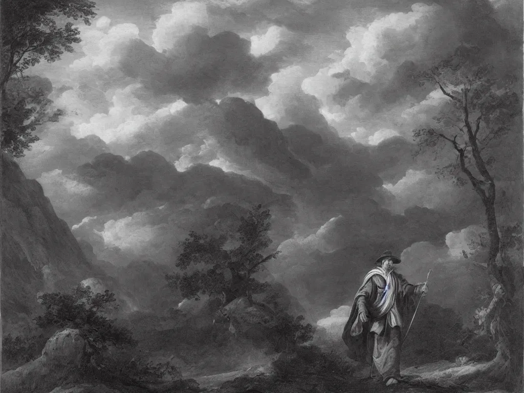 Image similar to a man in a grey cloak and brimmed hat with a staff travelling trough the forest and mountains looking at the clouds in the style of neo-romanticism