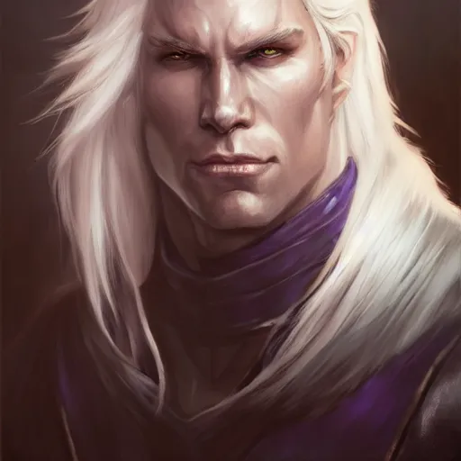 Image similar to realistic portrait of drizzt du orden by r. a. salvatore with thinner face, dark elf with purple eyes and white hair, trending on artstation, low angle oil painting and composition laws, cinematic lighting, hyperdetailed, cgsociety, 8 k