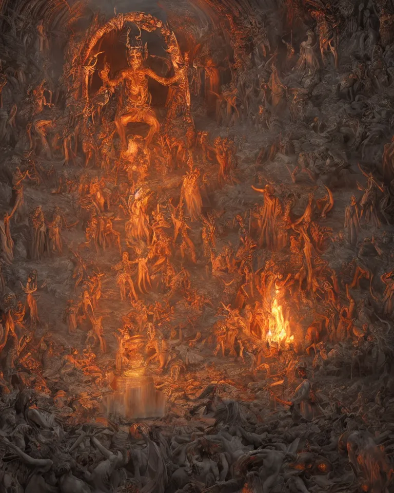 Prompt: a beautiful hyperrealistic detailed 3 d render of a surrealist satanic momument in hell, inspired by dante's inferno, a digital rendering by anton otto fischer, atey ghailan, genzoman, trending on artstation, cinematic lighting, baroque, ornate, art deco, underexposed, dark