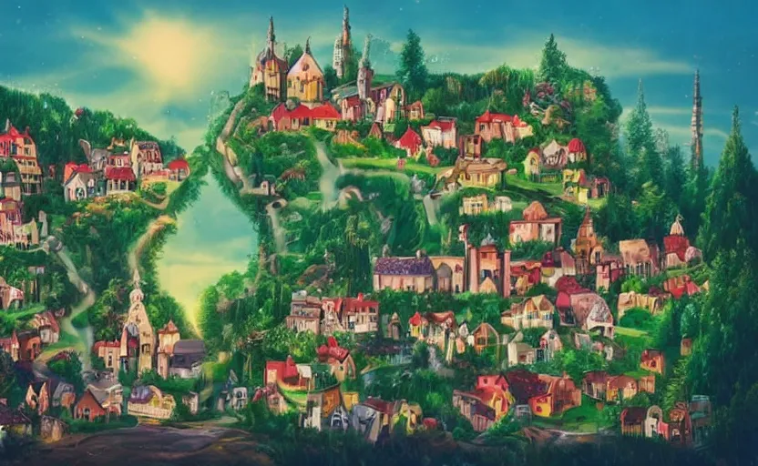 Image similar to musical, fairy tale, happiness, joy, unrealistic, village, houses