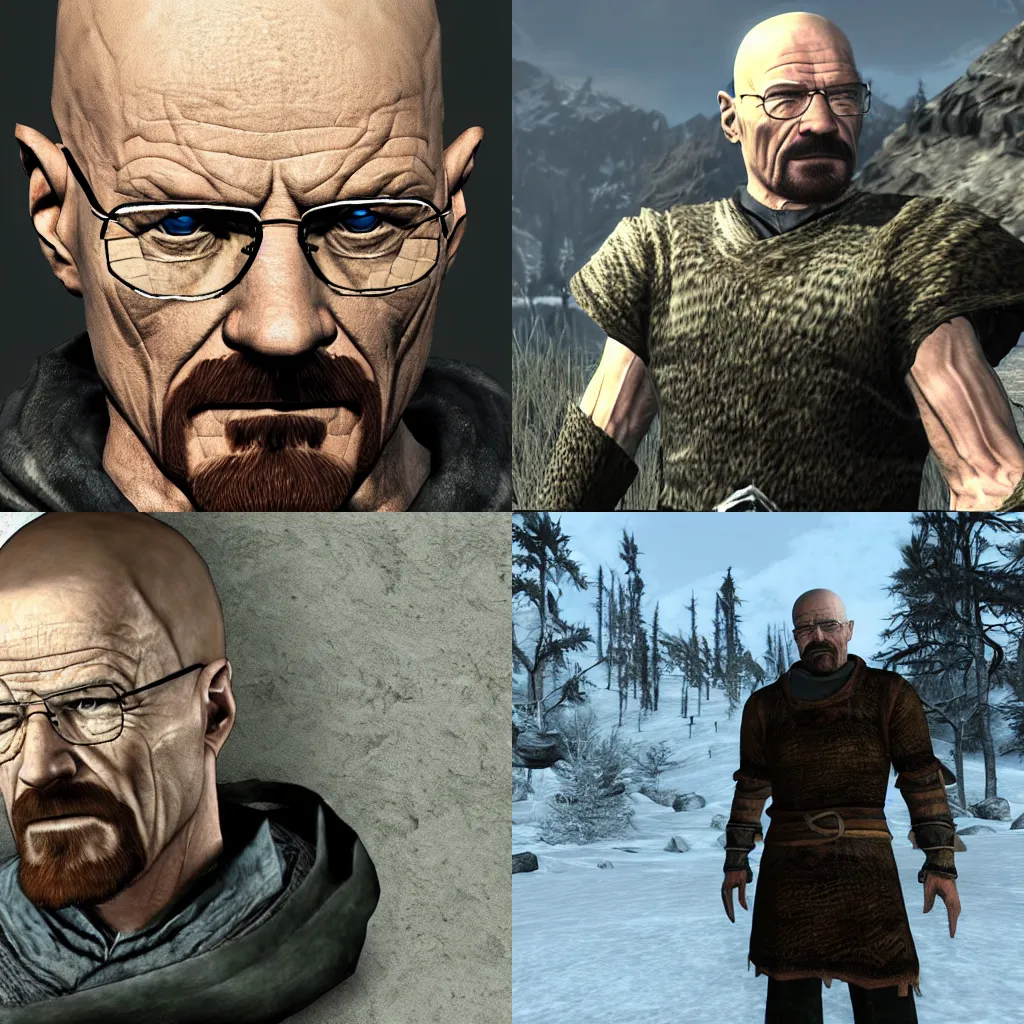 Prompt: screenshot of Walter White as a character in Skyrim