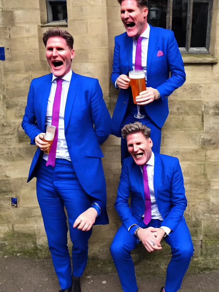 Prompt: Sir Kier Starmer wearing a blue suit laughing and drinking a big pint of lager