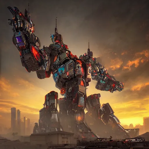 Image similar to a beautiful hyperrealistic ultradetailed 3D render of a gigantic mecha standing behinder the city, by brian sum and stephen martiniere and Antonio Manzanedo. mech, dragon, unreal engine, octane render, PBR, 3D, brilliantly colored, intricate, wide angle, volumetric lighting, polished, path tracing